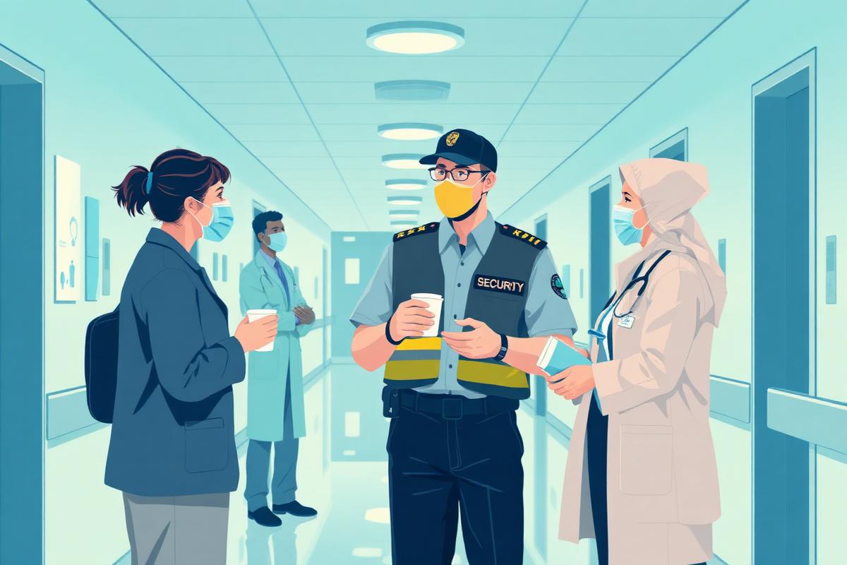 Beveiliger in gesprek met zorgmedewerkers in ziekenhuiscorridor
